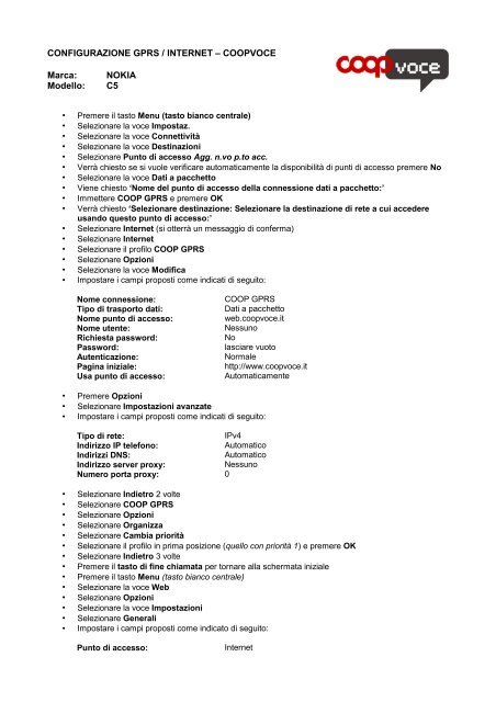 CONFIGURAZIONE GPRS / INTERNET â€“ COOPVOCE Marca ...