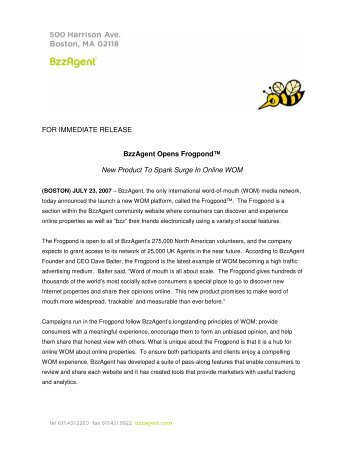 FOR IMMEDIATE RELEASE BzzAgent Opens Frogpondâ¢ New ...