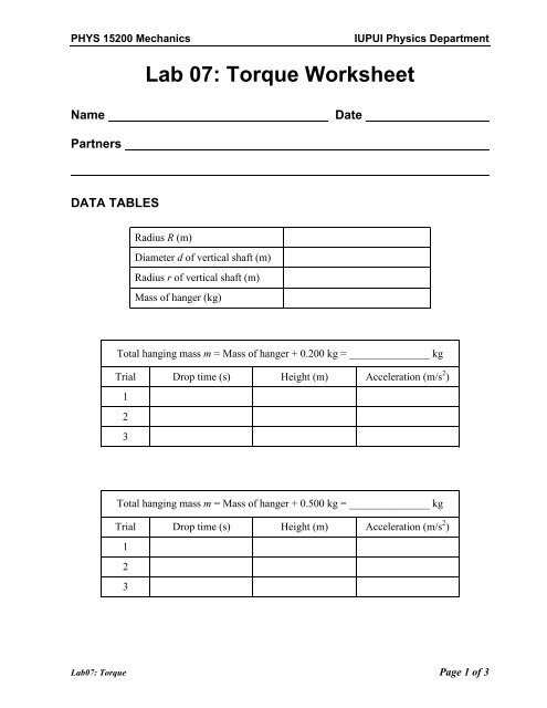 Lab 07: Torque Worksheet - Web Physics - IUPUI