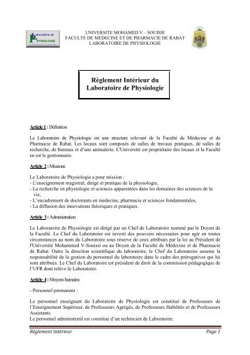 Règlement Intérieur du Laboratoire de Physiologie - Faculté de ...