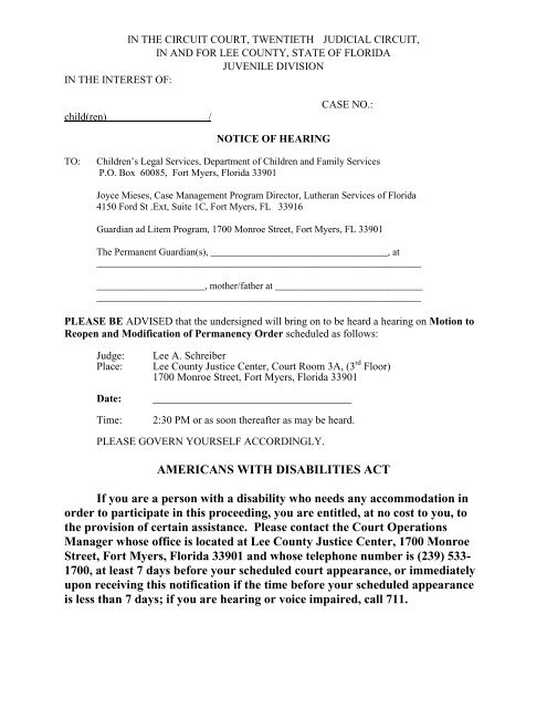 Lee County Notice of Hearing Form - 20th Judicial Circuit Florida