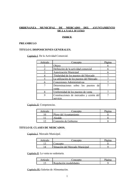 Ordenanza municipal del mercado del Ayuntamiento de la Vall d'UixÃ³.