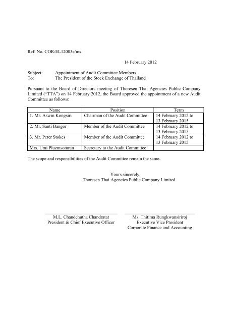 Appointment of Audit Committee Members To