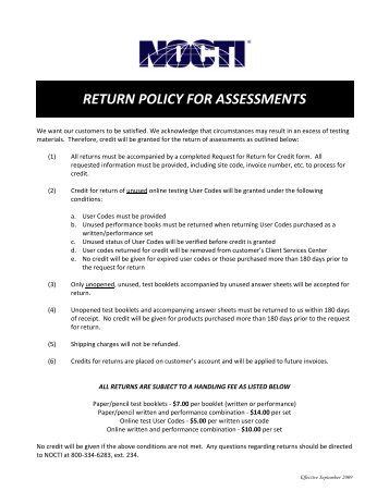 RETURN POLICY FOR ASSESSMENTS - nocti