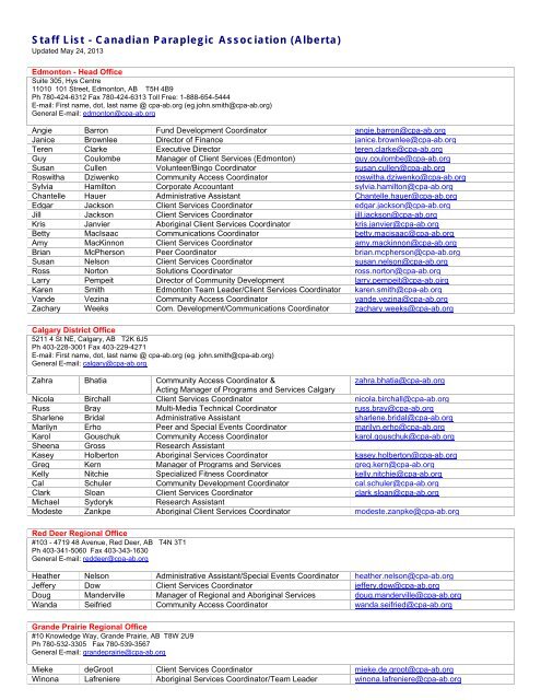 Staff List - Canadian Paraplegic Association (Alberta)