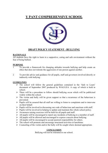 policy on bullying - Y Pant School