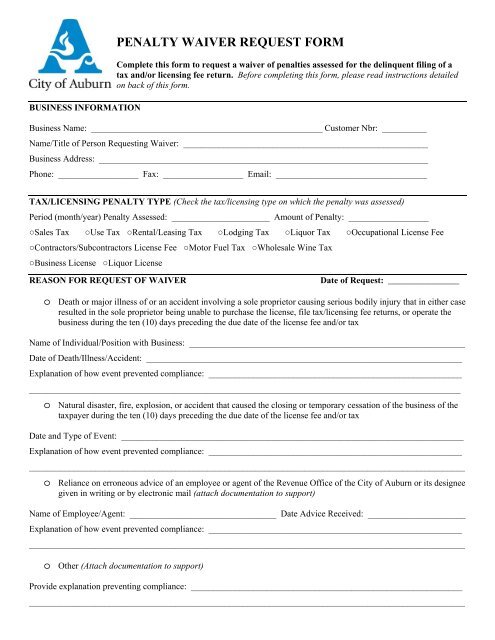 PENALTY WAIVER REQUEST FORM - City of Auburn