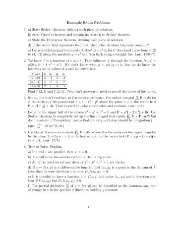 Example Exam Problems 1. a) State Stokes' theorem, defining each ...