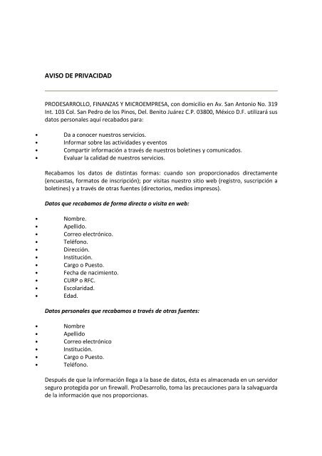 AVISO DE PRIVACIDAD - ProDesarrollo