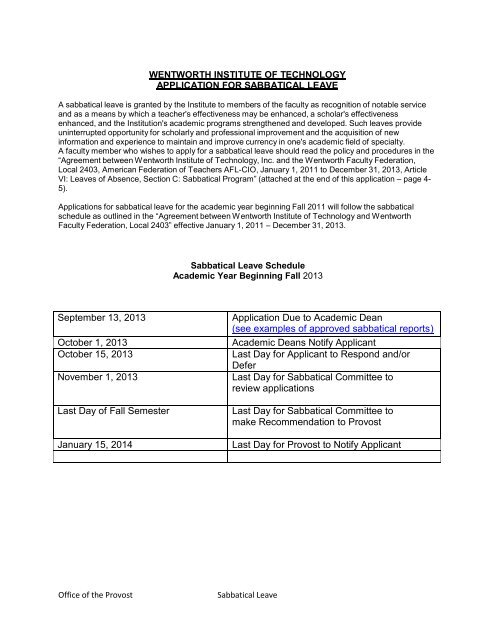 Sabbatical Leave Application Wentworth Institute Of Technology