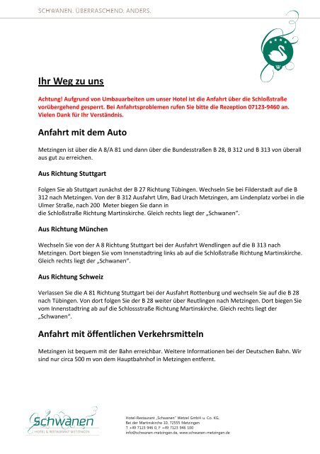 Anfahrt Anfahrtsskizze Pdf Hotel Schwanen Metzingen