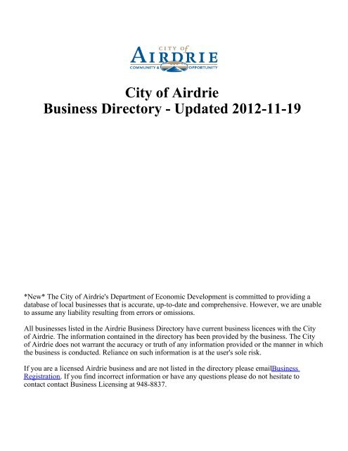 City of Airdrie Business Directory - Updated 2012-11-17