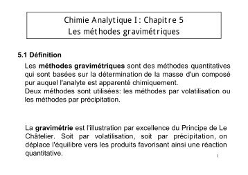 Chimie Analytique I: Chapitre 5 Les méthodes gravimétriques