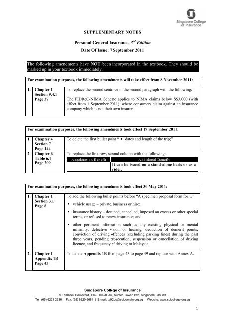 Supplementary Notes - Singapore College of Insurance Limited