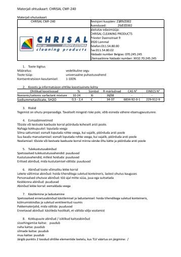 Materjali ohtuskaart: CHRISAL CMF-240 Sodiummetasilicate, 5H2O