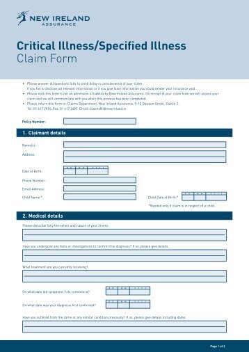 Critical Illness/Specified Illness Claim Form - New Ireland Assurance