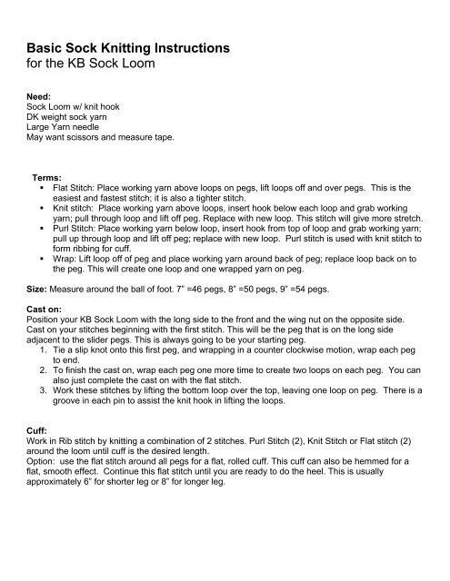 Basic Sock Knitting Instructions For The Kb Sock Loom