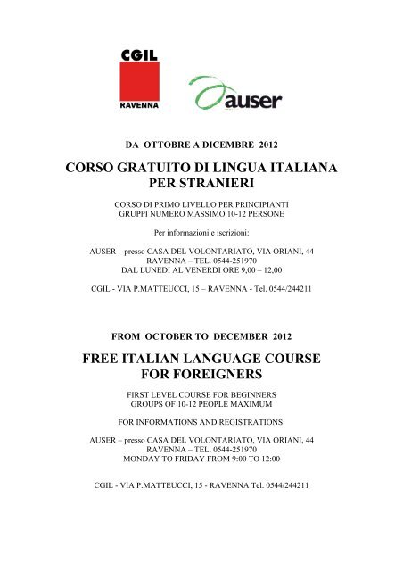 corso gratuito di lingua italiana per stranieri free ... - CGIL Ravenna