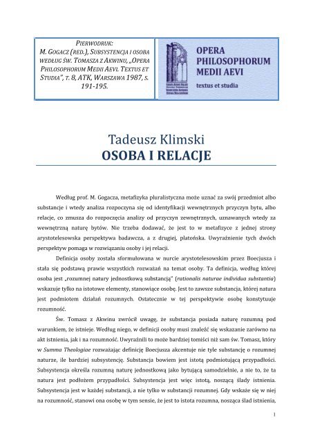 Tadeusz Klimski OSOBA I RELACJE