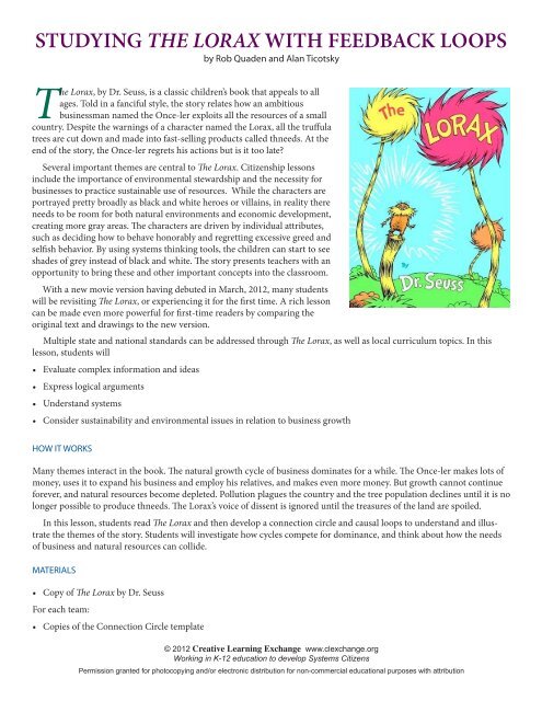 Studying The Lorax With Feedback Loops Creative Learning Exchange