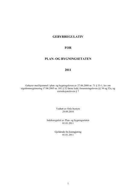 GEBYRREGULATIV FOR PLAN- OG BYGNINGSETATEN 2011