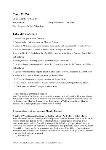 Cote : 55-276 Table des matiÃ¨res :