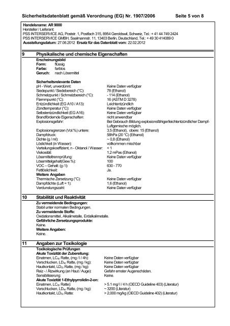 Sicherheitsdatenblatt AR 9000 - pss-interservice.ch