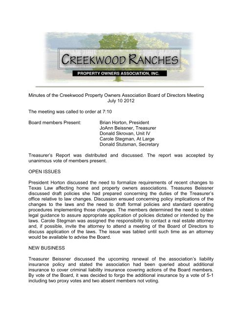 Minutes of the Creekwood Property Owners Association Board of ...