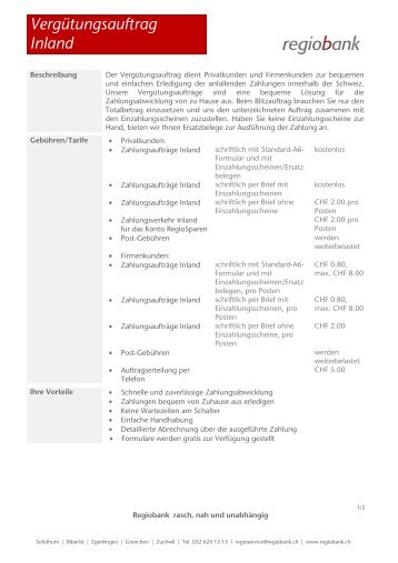 Vergütungsauftrag Inland - Regiobank Solothurn AG