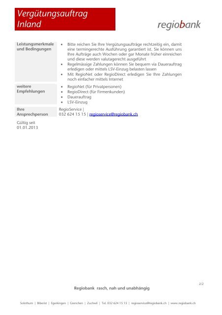 Vergütungsauftrag Inland - Regiobank Solothurn AG