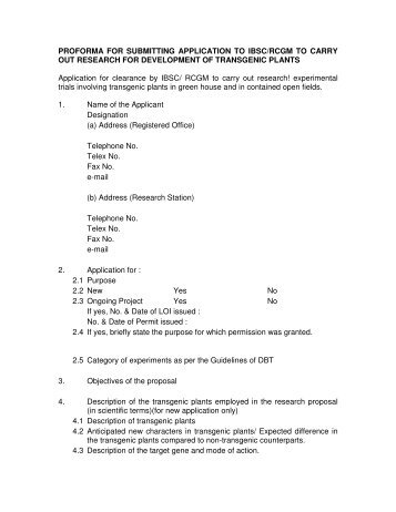 Proforma for submitting application to IBSC/ RCGM to carry out ...