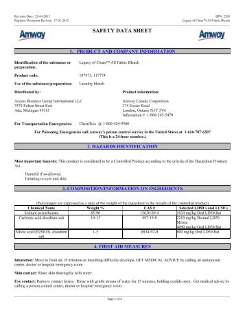 MSDS LOC All Fabric Bleach - Amway