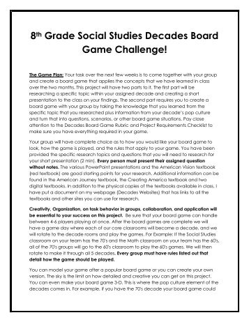 8th Grade Social Studies Decades Board Game Challenge!