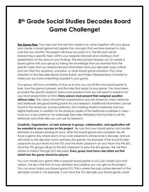8th Grade Social Studies Decades Board Game Challenge 8th Grade Social Studies Decades Board Game Challenge