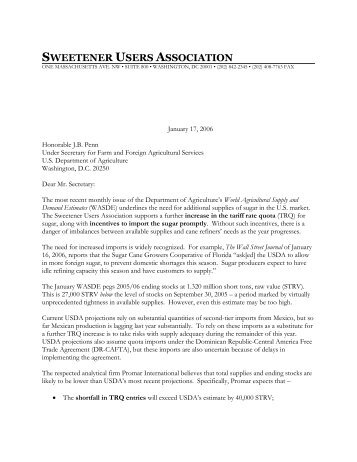 SUA Letter to USDA on TRQ Increase - Sweetener Users Association