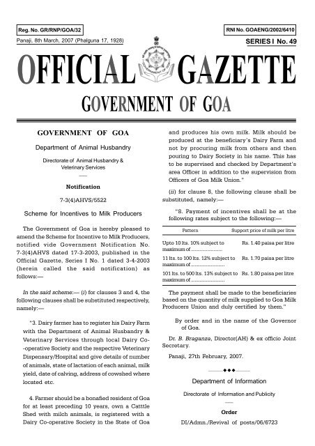 GOVERNMENT OF GOA - Government Printing Press GOVERNMENT OF GOA - Government Printing Press