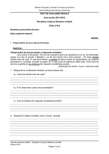 Evaluare initiala Limba Romana cls III-a test