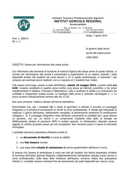 Ammissione - lettera alle famiglie dei candidati - Institut Agricole ...