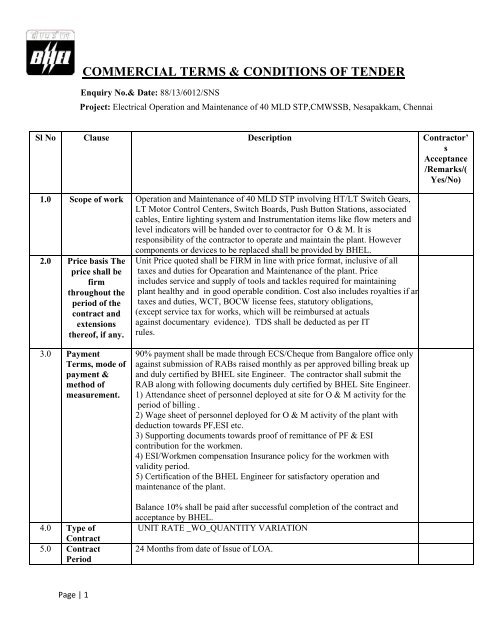 COMMERCIAL TERMS & CONDITIONS OF TENDER