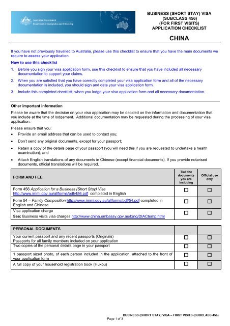 alkohol Kalksten beholder Business (Short Stay) first visit checklist - Australian Embassy, China