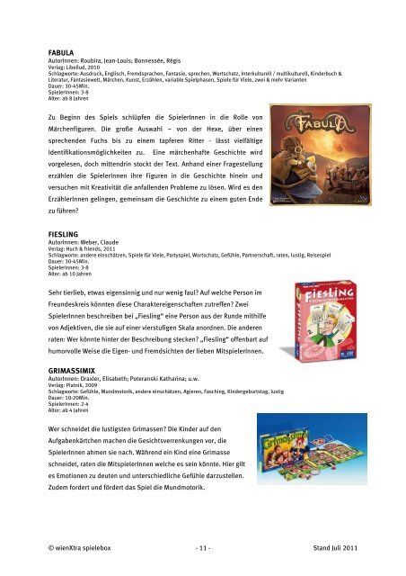 Spieleliste Sehen Hören Handeln 2011 - wienXtra-spielebox