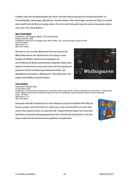 Spieleliste Sehen Hören Handeln 2011 - wienXtra-spielebox