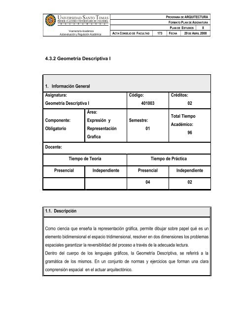 4.3.2 GeometrÃ­a Descriptiva I 1. InformaciÃ³n General Asignatura ...