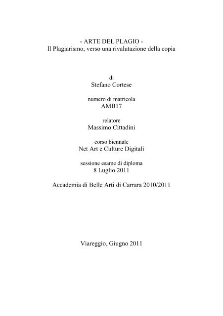 Tesi âArte del Plagio, il Plagiarismo verso una rivalutazione della ...