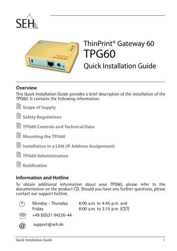 Quick Installation Guide - TPG60 - SEH Computertechnik GmbH