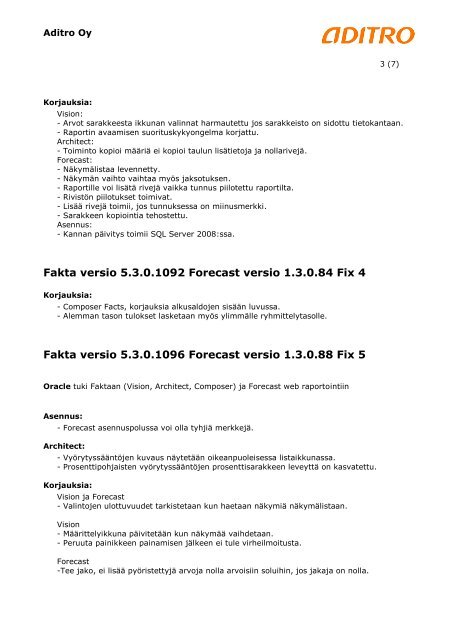 Aikaisempiin versioihin tehdyt muutokset Vision ja Forecast (pdf)