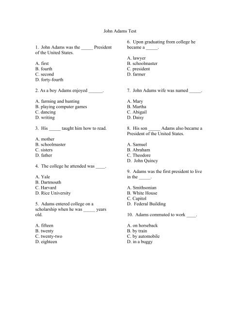 John Adams Test 1. John Adams was the _____ ... - Garden of Praise