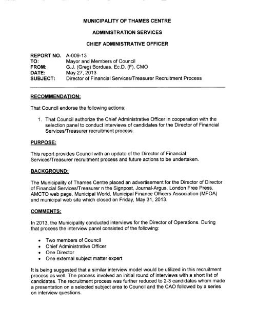Report No. A-009-13, recruitment process for a Director of Financial ...