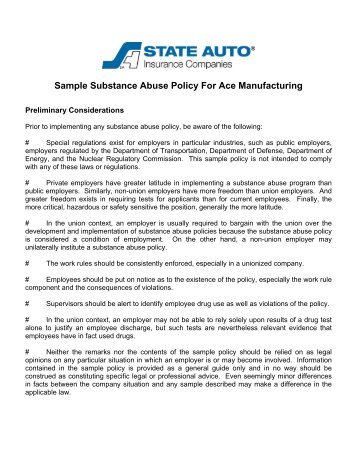Sample Substance Abuse Policy For Ace Manufacturing - State Auto