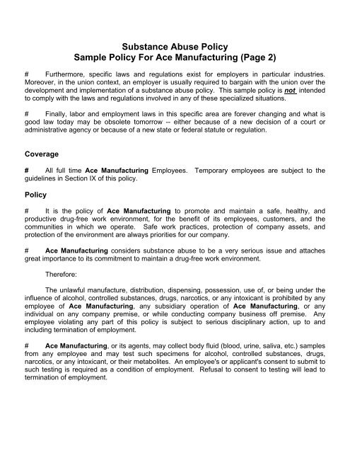 Sample Substance Abuse Policy For Ace Manufacturing - State Auto